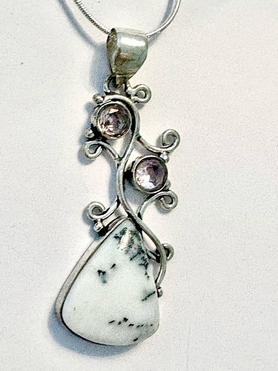 Jewelry - 2  inch, 925 marked, Dendrite Opal, and Pink Topaz pendant on silver chain.